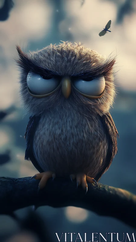 Stylized 3D owl model is perched on a branch at dusk