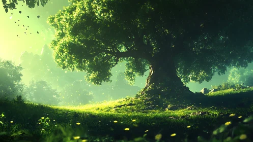 Majestic Ancient Tree in Lush Green Forest, Dreamlike Digital Art.