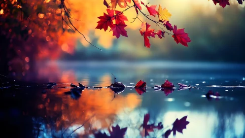 Autumn maple leaves glow above mirrored twilight lake.
