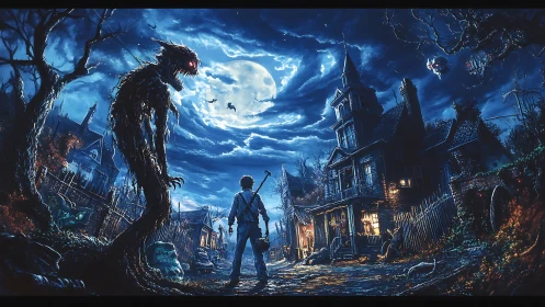 Moonlit haunted street confrontation with towering shadow wraith