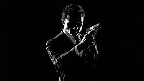 Sharp monochrome agent pointing handgun in darkness.