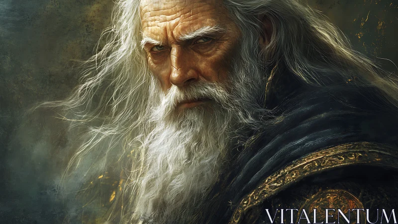 Ancient wizard portrait with stormlit gaze and gilded armor.