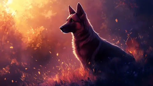 Shepherd dog silhouette glows in fiery twilight meadow