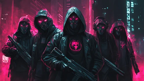 Neon masked street squad glowing in a moody cyber city.