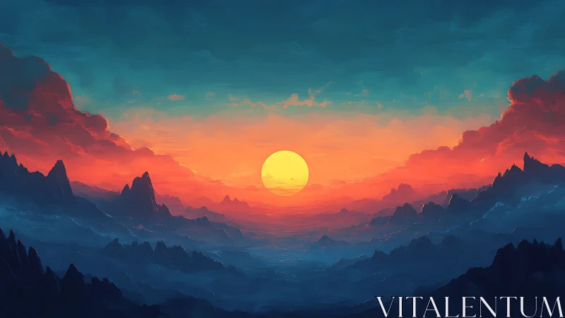 Digital landscape shows central sun over layered mountains