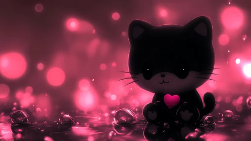 Black Cat Silhouette with Heart-Shaped Chest Holding Pink Glowing Orbs