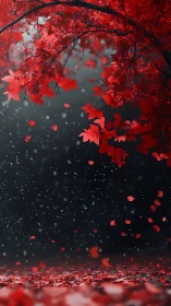 Crimson maple leaves drift softly through a misty twilight