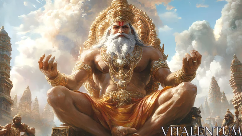 Majestic celestial king seated on golden divine throne.