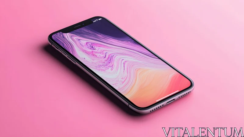 Modern smartphone with abstract wallpaper on pink background.