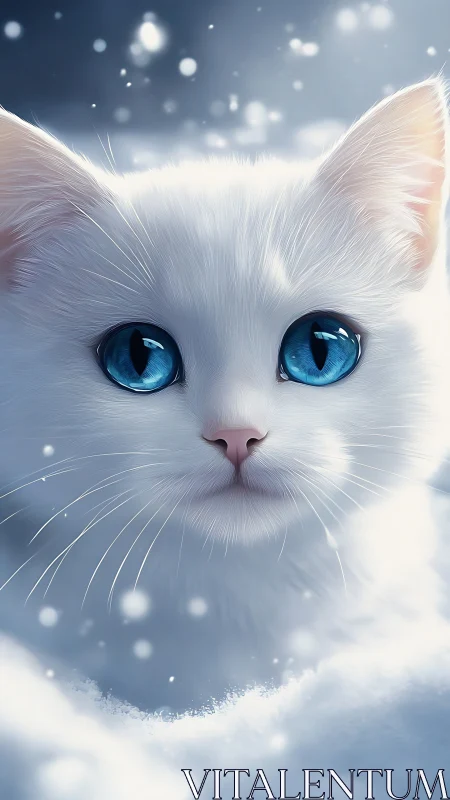 Ethereal White Cat with Striking Blue Eyes in Winter Ambiance.