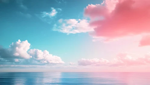 Calm ocean horizon under blue sky and soft pink clouds.