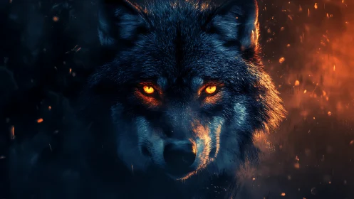 Digitally rendered wolf portrait with contrasting fire tones.