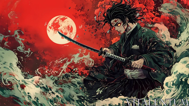 Samurai warrior with drawn katana under red moon sky.