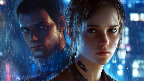 Cyber-noir rain portrait isolates two conflicted androids