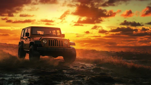 Golden sunset adventure welcomes a rugged off road jeep