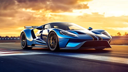Aerodynamic blue supercar accelerates along sunset racetrack