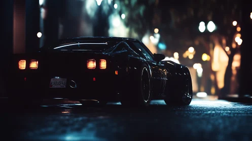 Midnight sports car glows under moody city streetlights.