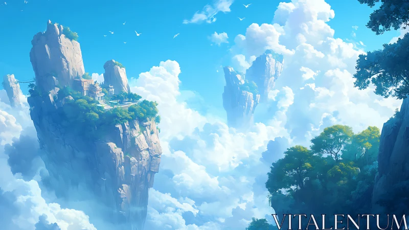 Floating sky temples rise above clouds in serene sunlight