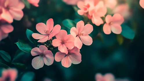 Pink Geranium Cluster Blooms Against Teal Garden Backdrop