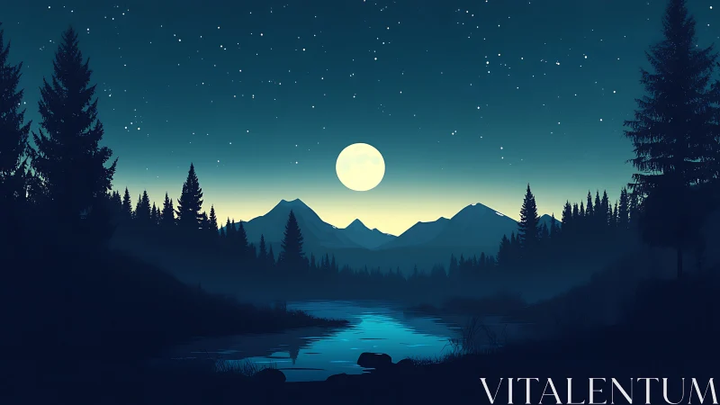 Moonlit river hush beneath star-scattered alpine silence.