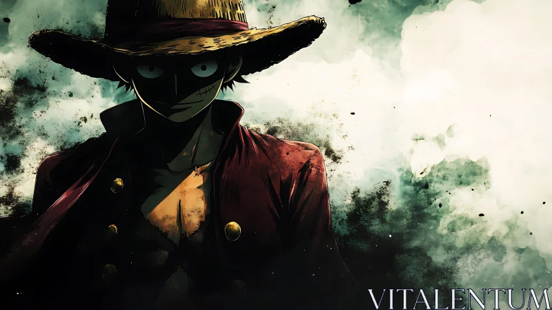 Cloaked anime pirate emerges from shadow into smoky light