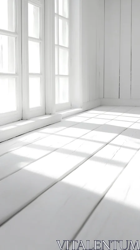 Sunlit white wooden room with bright window shadows