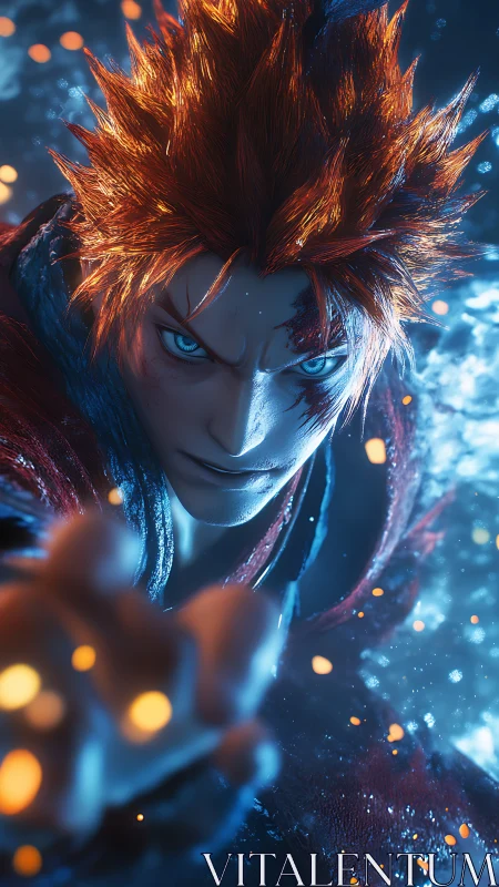 Flame-eyed warrior lunges through sparks and frozen storm.