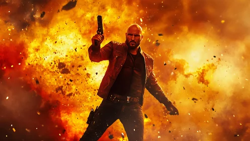 Action hero strides through explosive firestorm with gun raised.