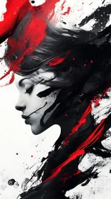 Monochrome female profile intersected by dynamic red-black paint vectors