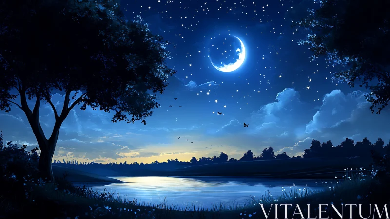 Crescent moon above reflective lake in starlit nightscape.