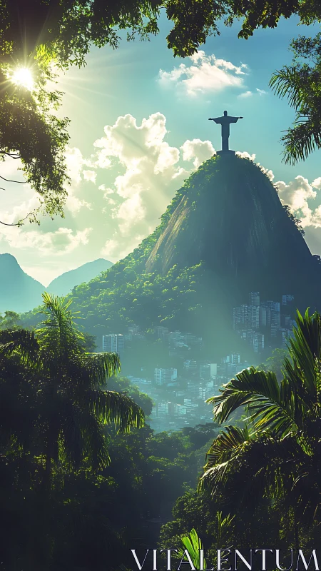 Sunlit Rio hillside with Christ statue above lush palms.
