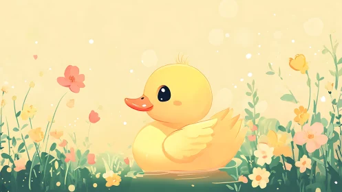 Yellow cartoon duck sits in shallow water among flowers