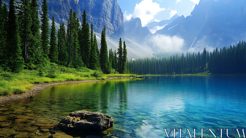 Serene mountain lake wrapped in pine forests and soft mist.