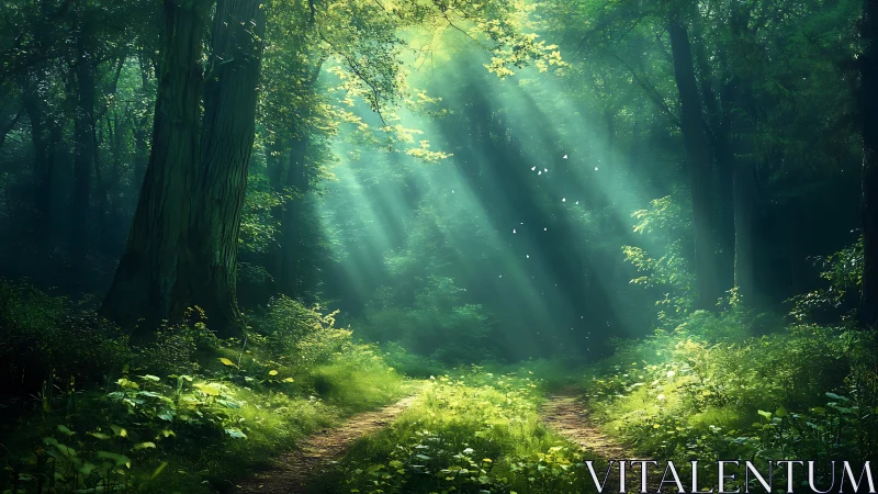 Sunbeams Illuminate Serene Forest Path in Dreamy Nature Scene.