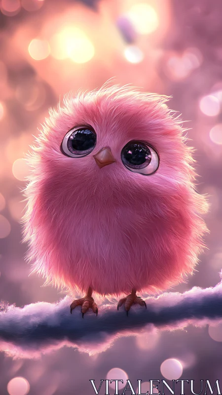 Fluffy pink songbird on branch in dreamy bokeh glow.