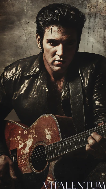 Textured low-key portrait of leather-clad guitarist icon.