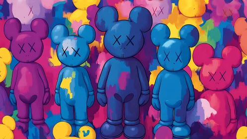 Colorful crossed-eye bear figures on abstract backdrop.