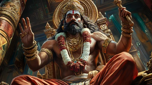 Regal spiritual leader seated in glowing temple splendor.