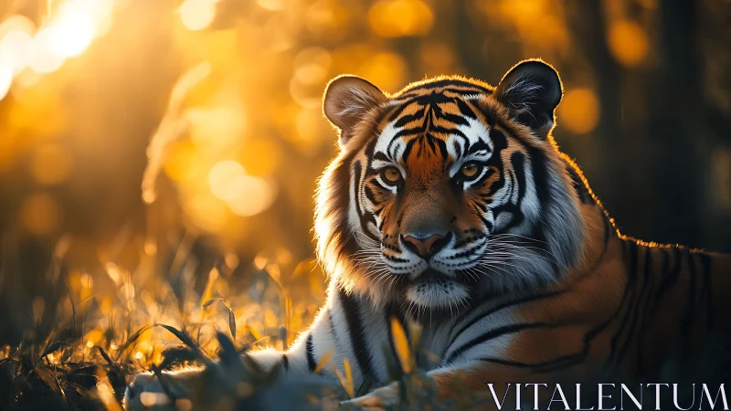 Backlit tiger portrait under warm bokeh with shallow depth of field