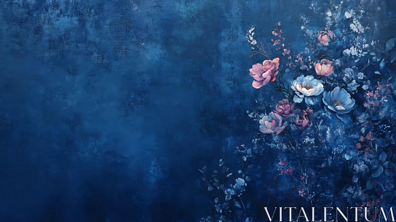 Pink and blue flowers bloom against deep indigo textured wall surface