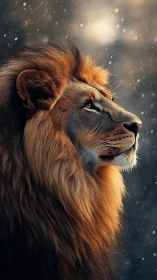 Majestic lion profile watches glowing winter snowfall