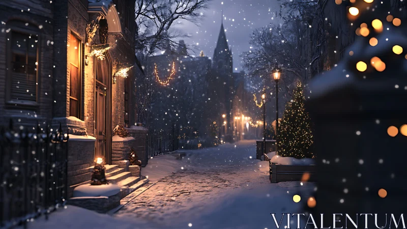 Snowlit town street wrapped in warm festive window glow.