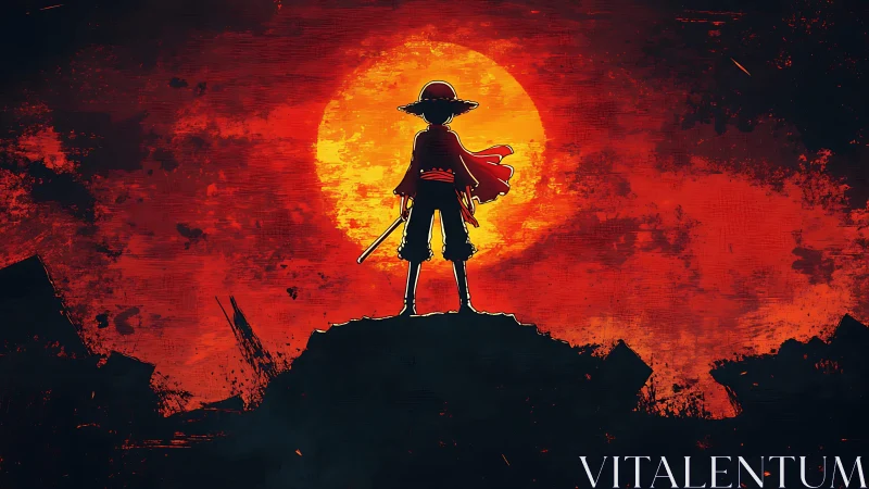 Straw-hatted silhouette crowns a burning pirate sunset sky.