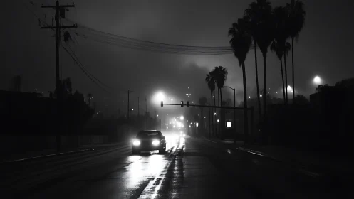 Car drives down wet city street at night in heavy fog