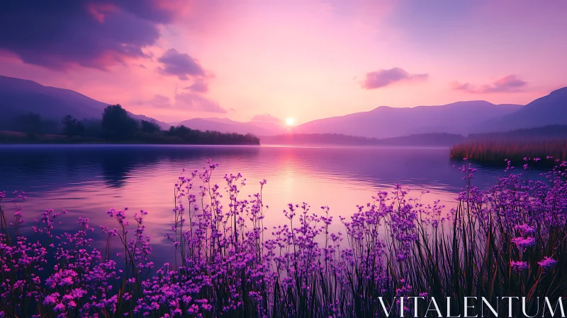 Soft sunrise glows over a tranquil lake and gentle wildflowers