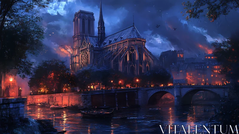 Gothic riverside cathedral rendered in high-contrast twilight firelight