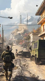 Armed soldiers advance through dusty urban combat corridor
