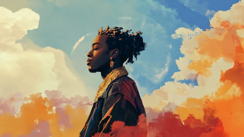 Profile portrait of person amid abstract colored clouds.