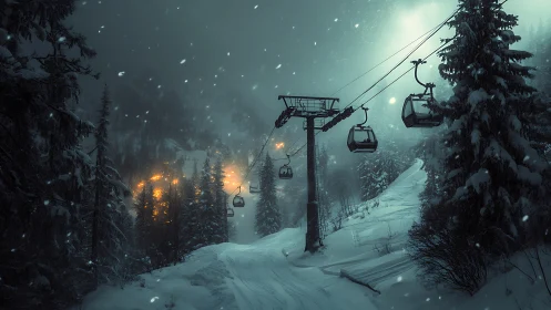 Snowy night gondola drifting above a quiet, glowing village.