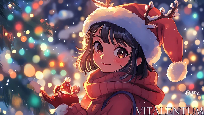 Anime girl in Santa hat amid luminous winter bokeh lights